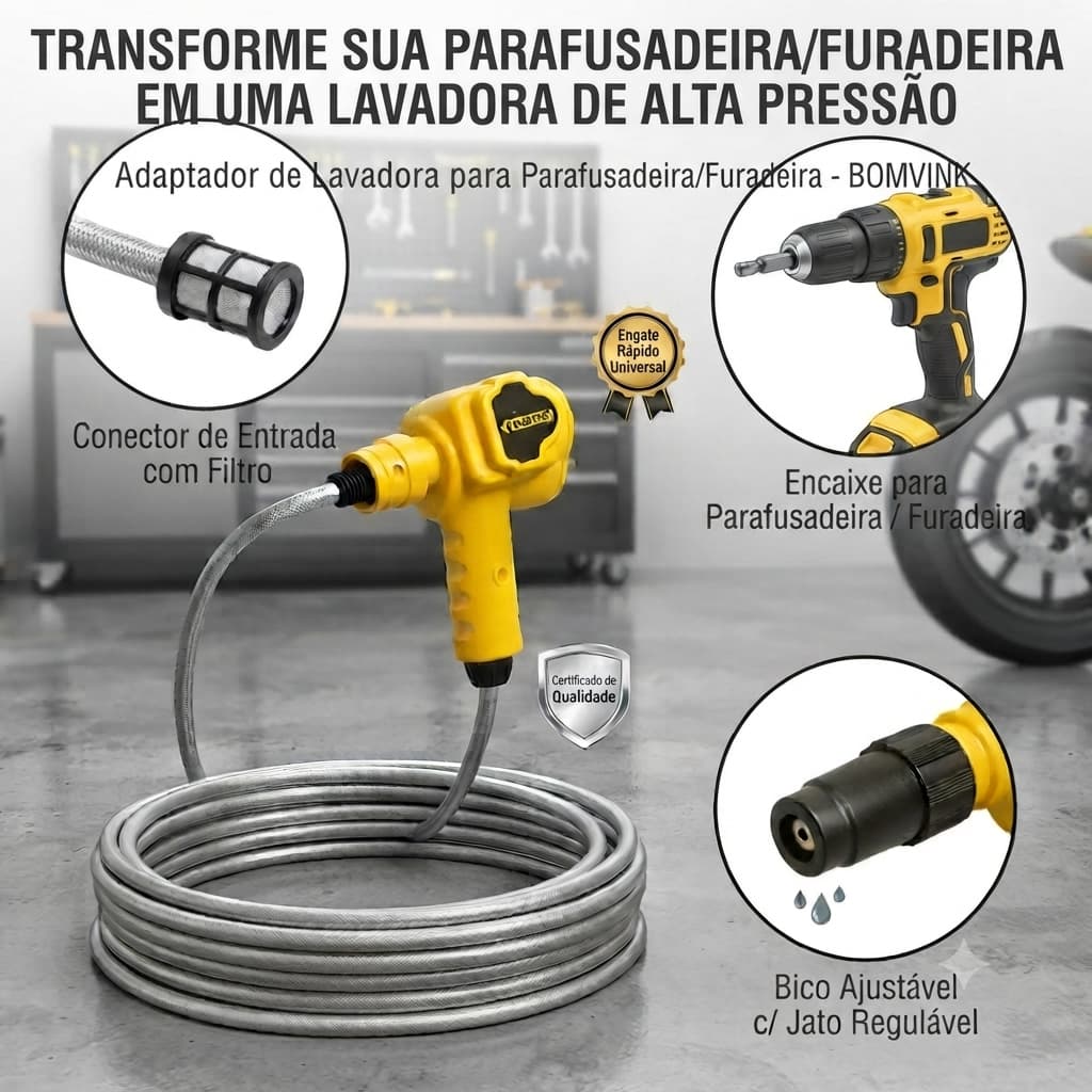 Kit Adaptador Lavadora de Pressão Portátil para Parafusadeira + Mangueira e Bico Ajustável BOMVINK