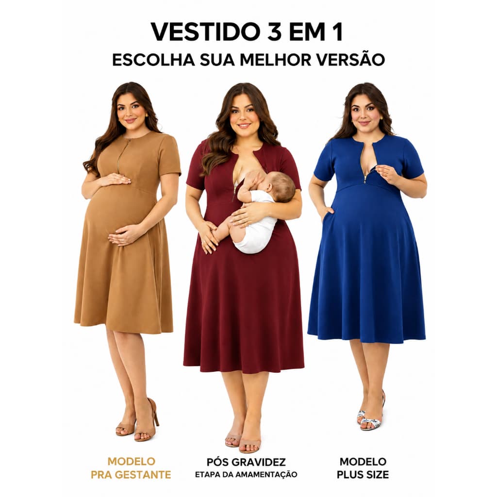 Vestido Gestantes Grávidas Ziper Abertura pra Amamentação Rodado Soltinho Confortável Midi Roupa para Saída da Ma
