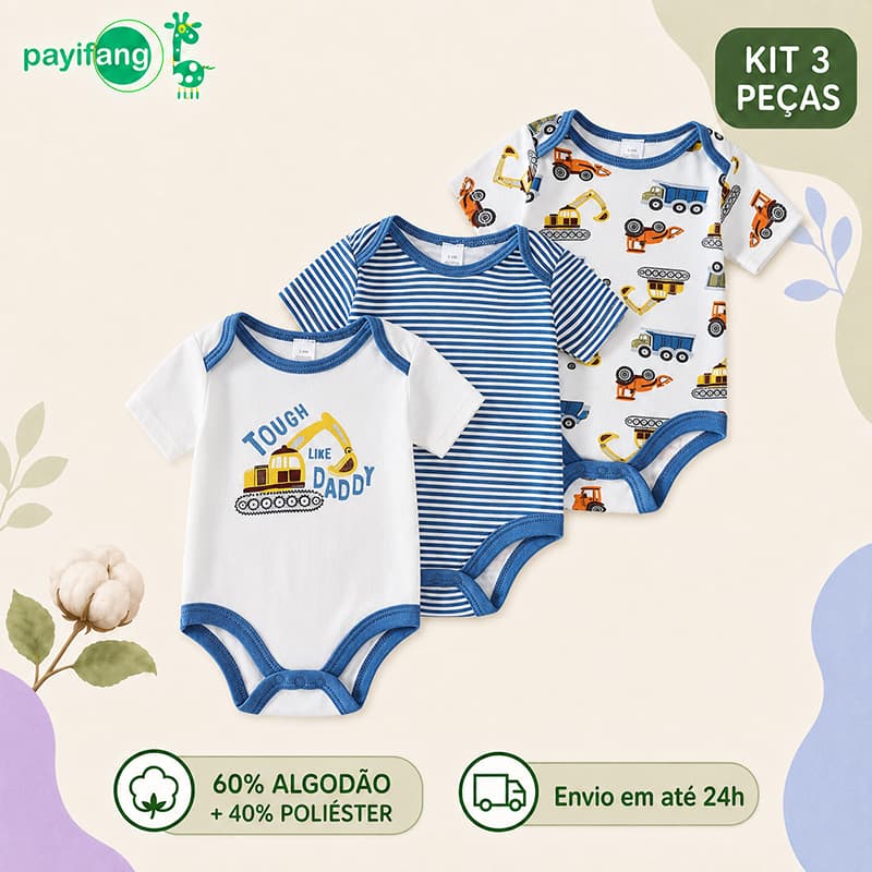 Payifang Kit 3 Bodies Bebê Menino Caminhão e Escavadeira Manga Curta 60% Algodão 3M 6M 9M