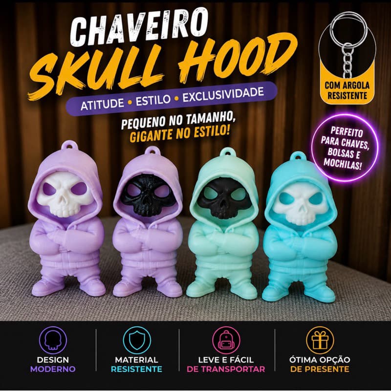 Chaveiro Caveira Skull Hoodie - Acessório Geek para Mochila, Bolsa e Chaves