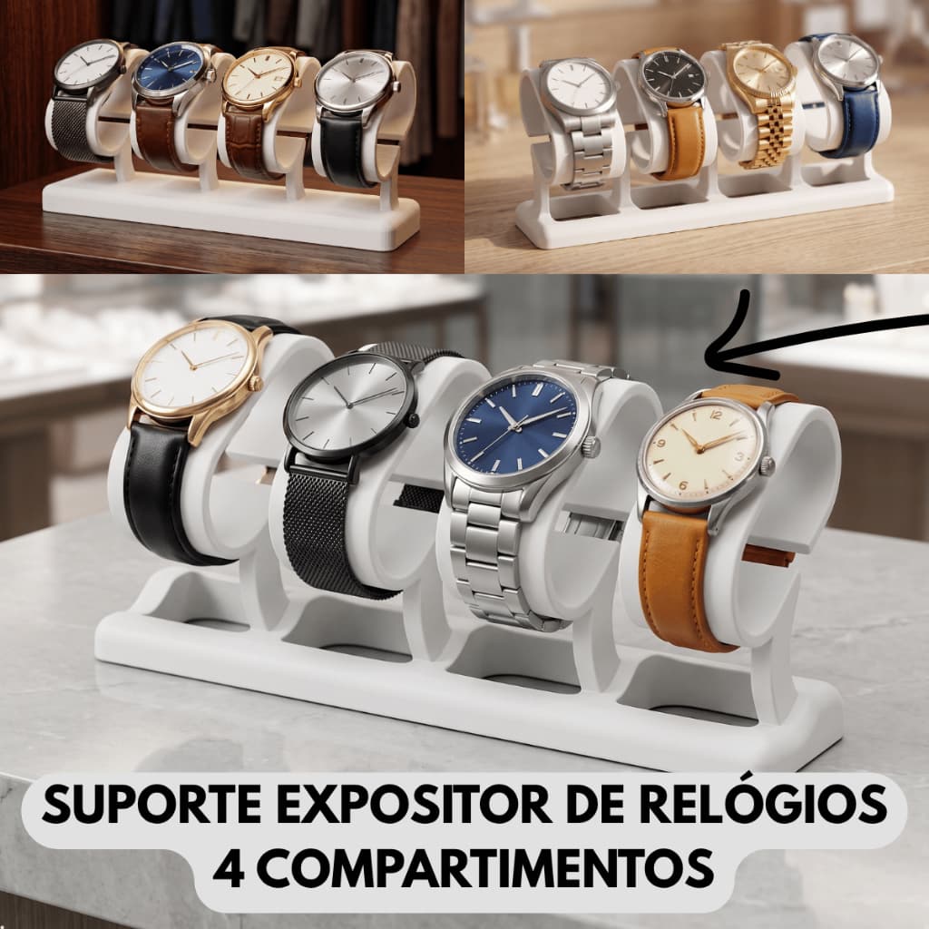 Expositor de Relógios de Mesa Suporte Organizador Porta Joias Pulseiras Bijuterias 4 Compartimentos