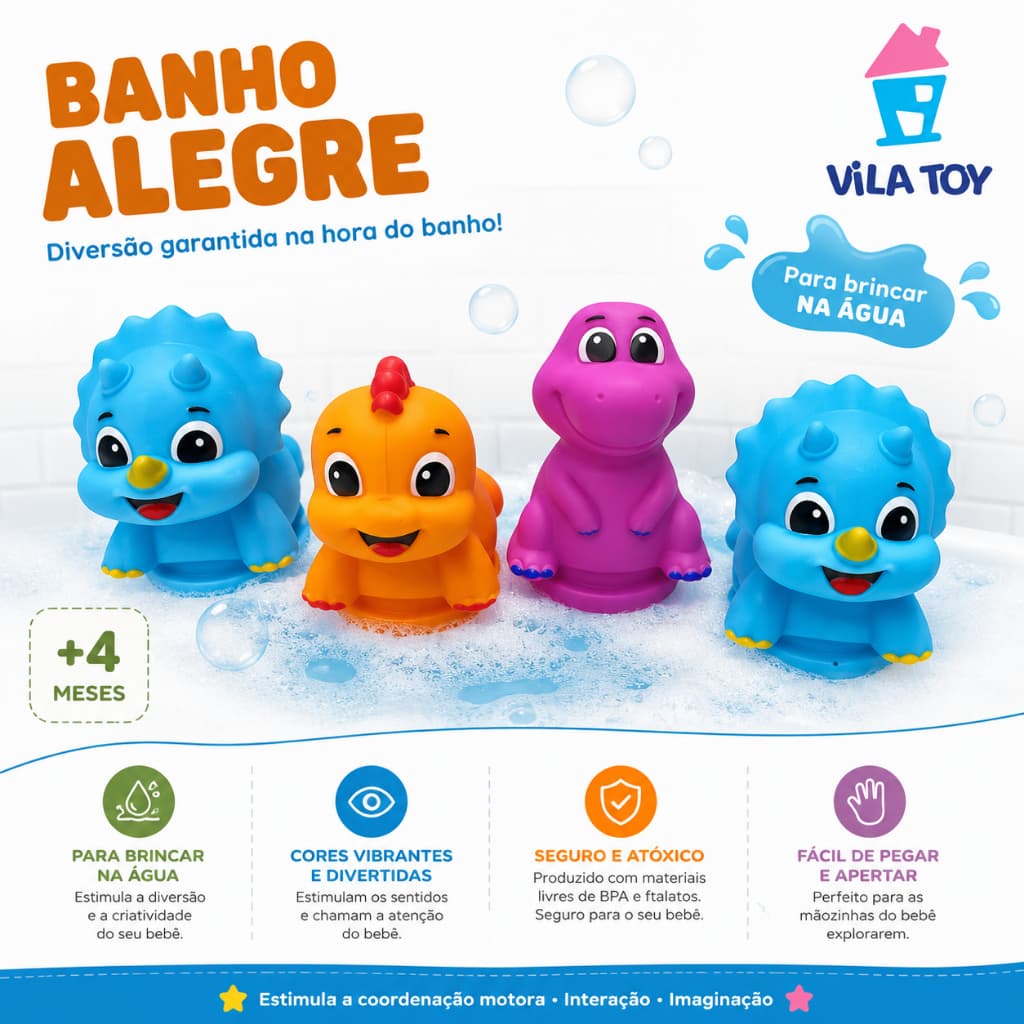 Kit 4 Brinquedos Para Banho Divertidos Vila Toy Pato Polvo Tubarao Tartaruga e Dinos