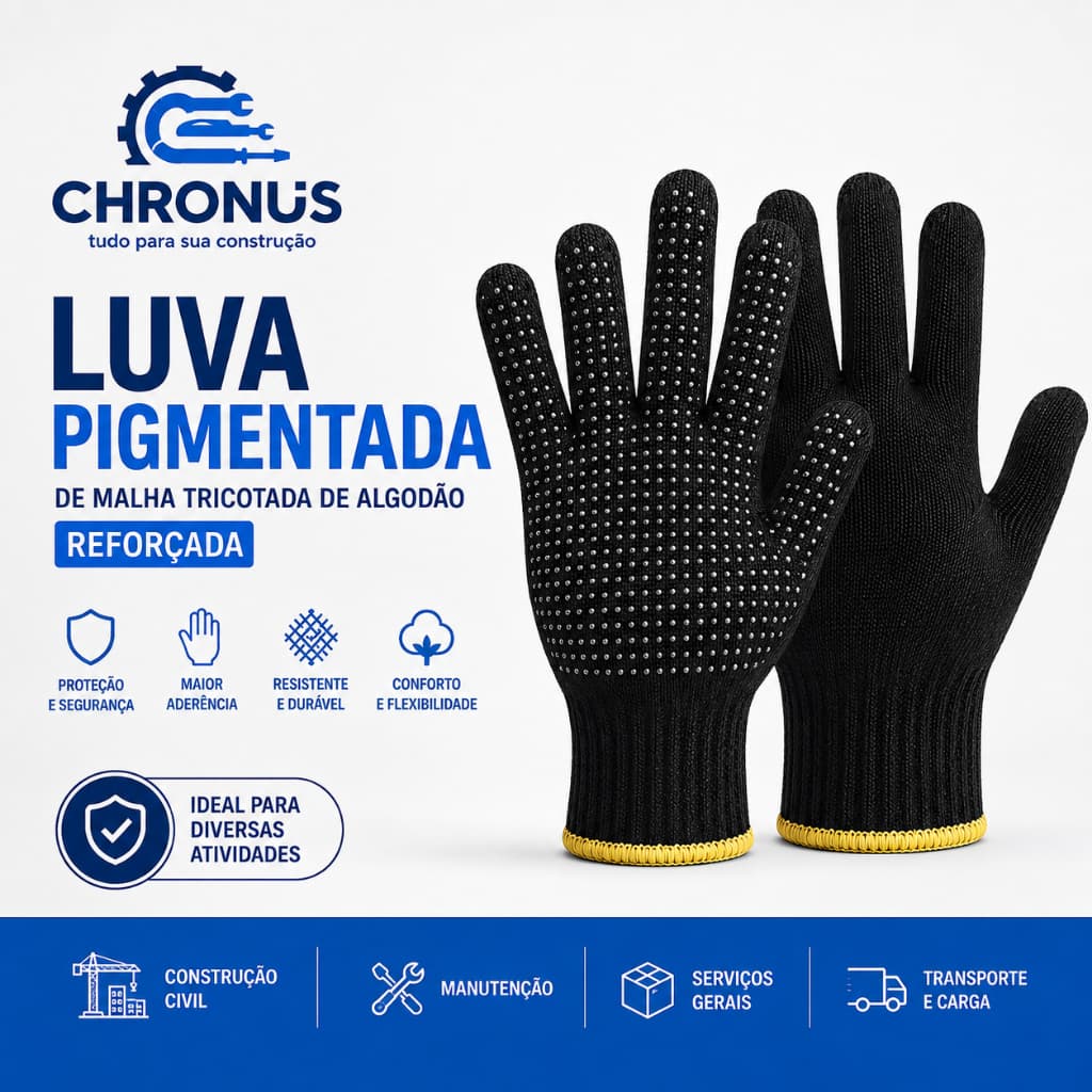 Par de Luvas Pigmentada de Malha Tricotada Algodão Reforçada Preta Com Antiderrapante Construção Mecânica EPI kit 1/3/5