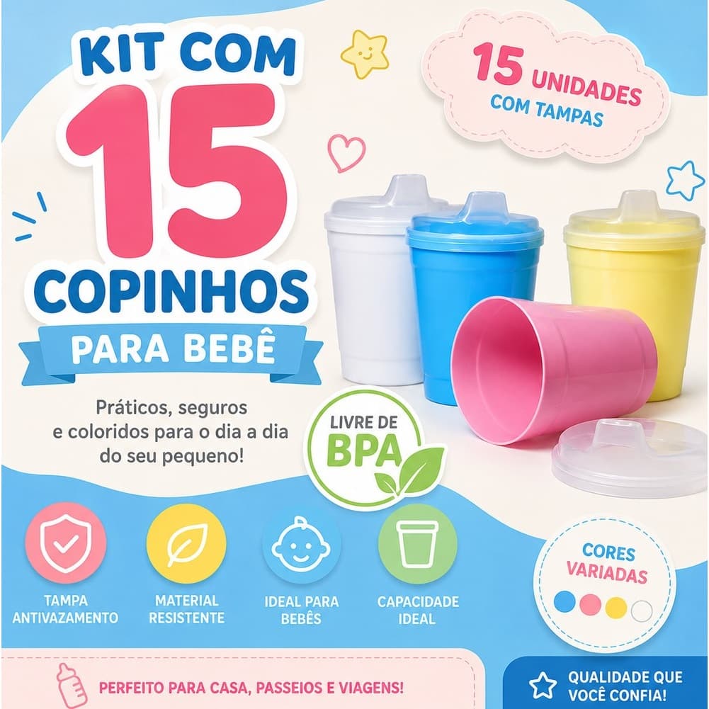 Kit 15 Copos Infantil Plástico 250ml com Tampa e Bico BPA FREE escolar Agua Suco Antivazamento Lancheira Criança