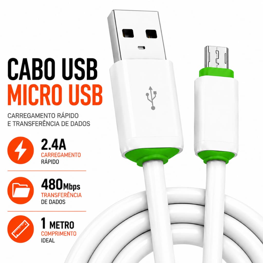 Cabo Micro Usb 1 Metro Carregamento Rápido 2.4a