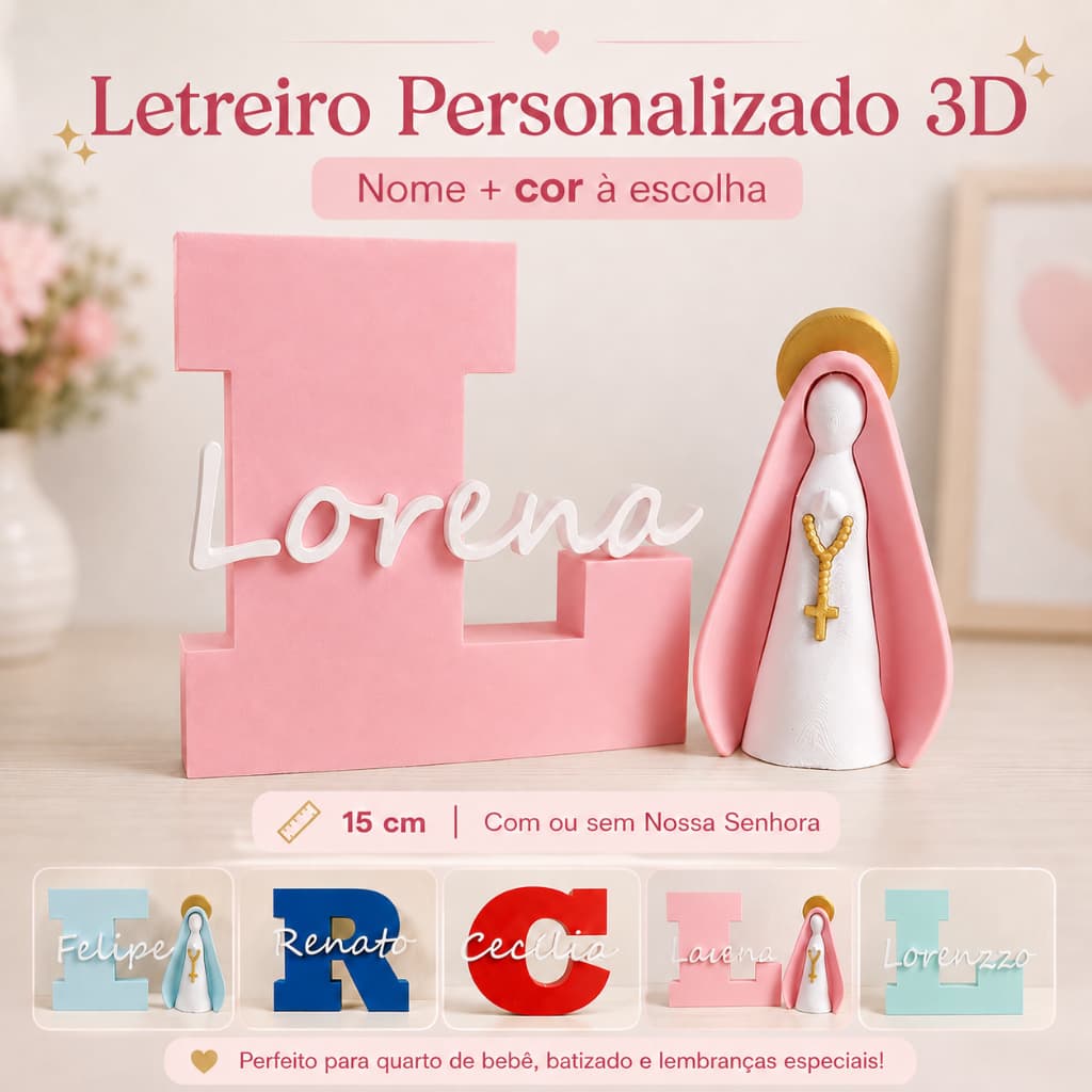 Letreiro Personalizado Nome 3D 15cm Decoração Infantil Com Nossa Senhora