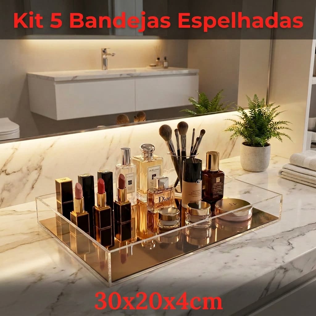 Kit 5 Bandejas Espelhadas Em Acrílico Organizador Maquiagem Joias Sala Festa Multiuso 30x20x4cm