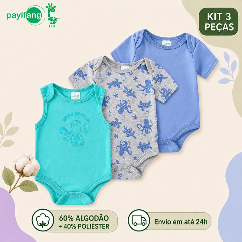 Payifang Kit 3 Bodies Bebê Menino Polvo Fundo do Mar Manga Curta e Regata 3M 6M 9M