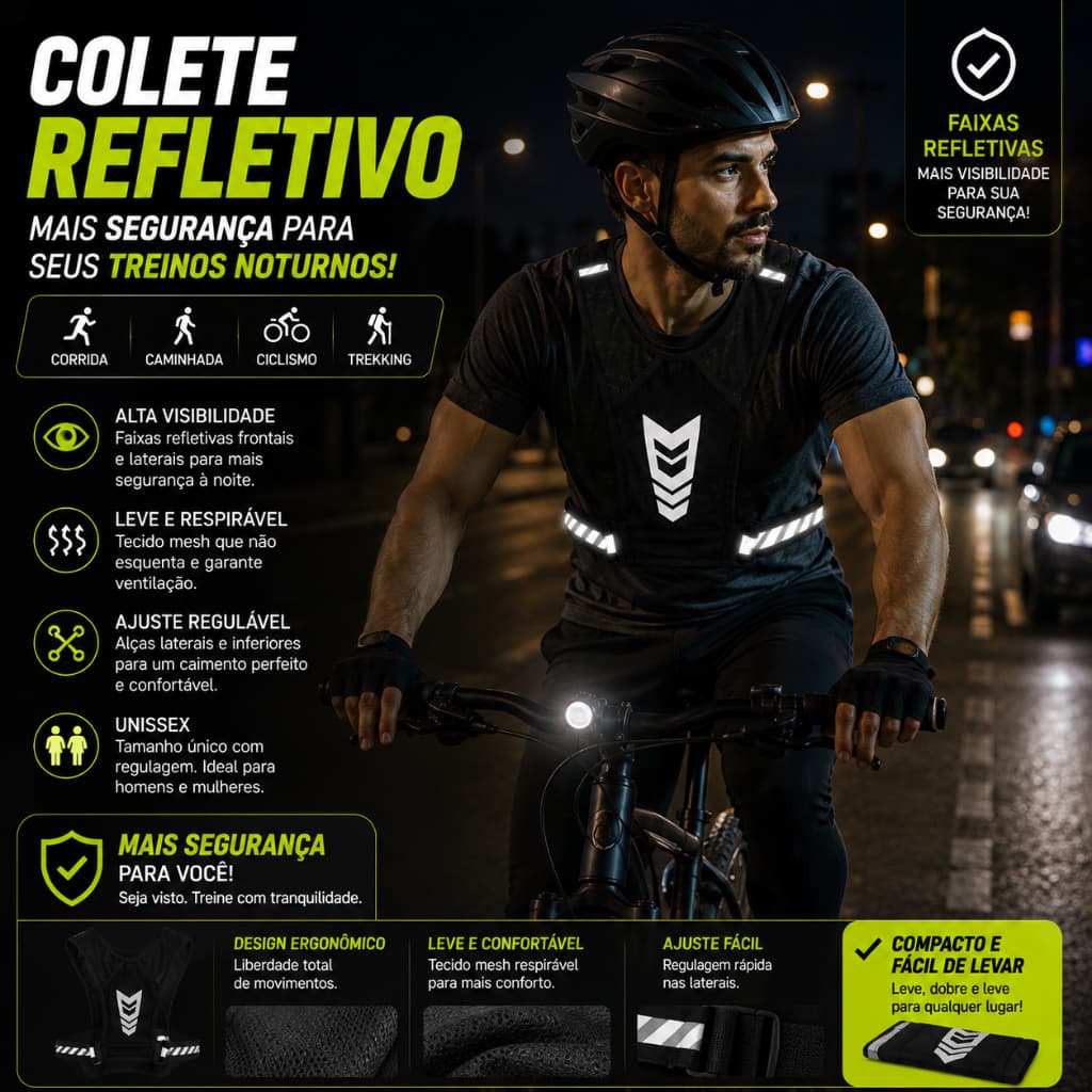 Colete Refletivo Corrida Caminhada Ciclismo Segurança Noturna Esportivo Ajustável Unissex Bolso Garrafa d´água e celular