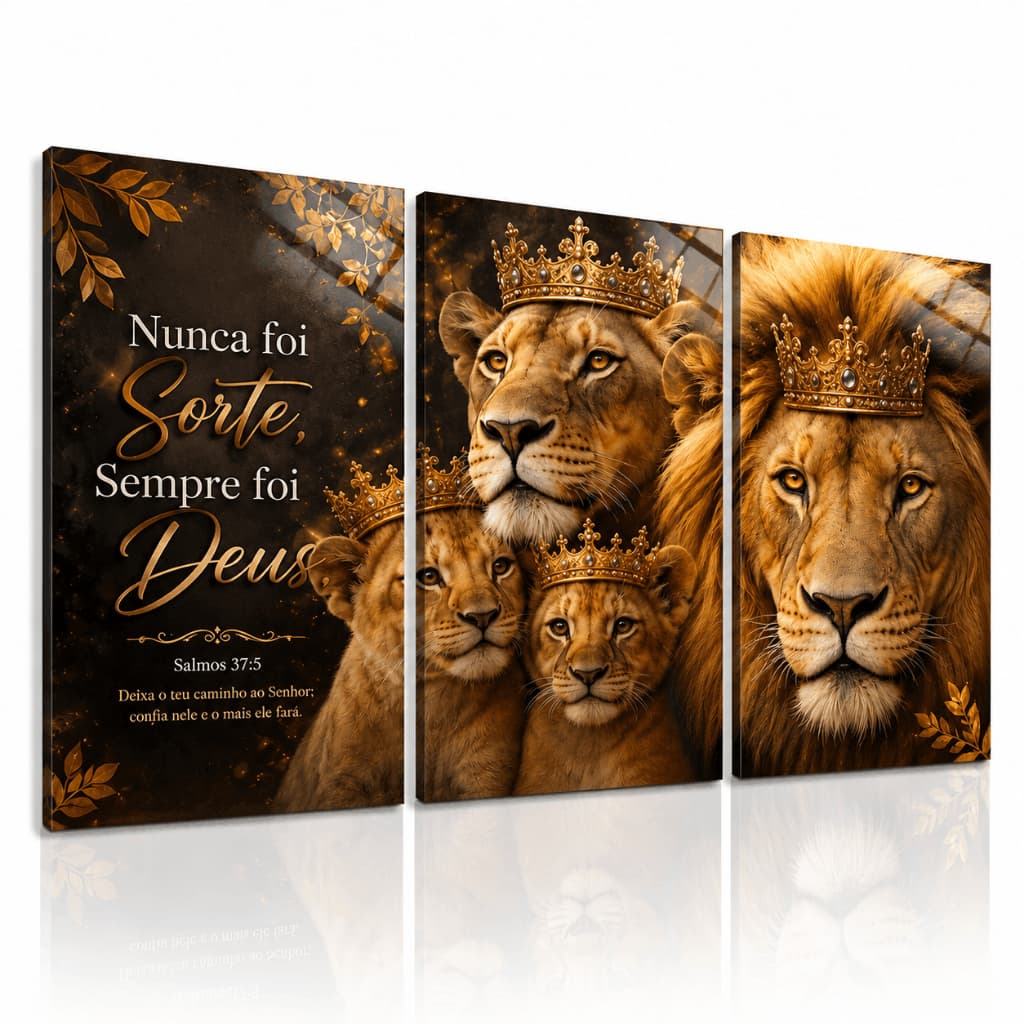 Kit 3 Quadros Decorativos Leão Rei Família Nunca Foi Sorte Sempre Foi Deus Salmos 375 Quadro Cristão Sala Quarto