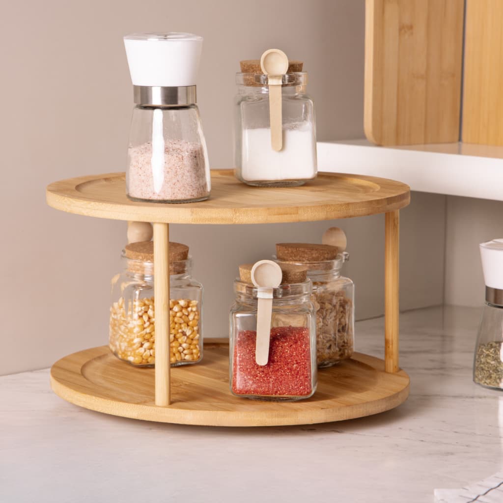 Organizador Giratório 2 Andares Bambu 25,5cm Lyor Duplo Rotativo Porta Temperos Condimentos Cozinha Armário Bancada Banh