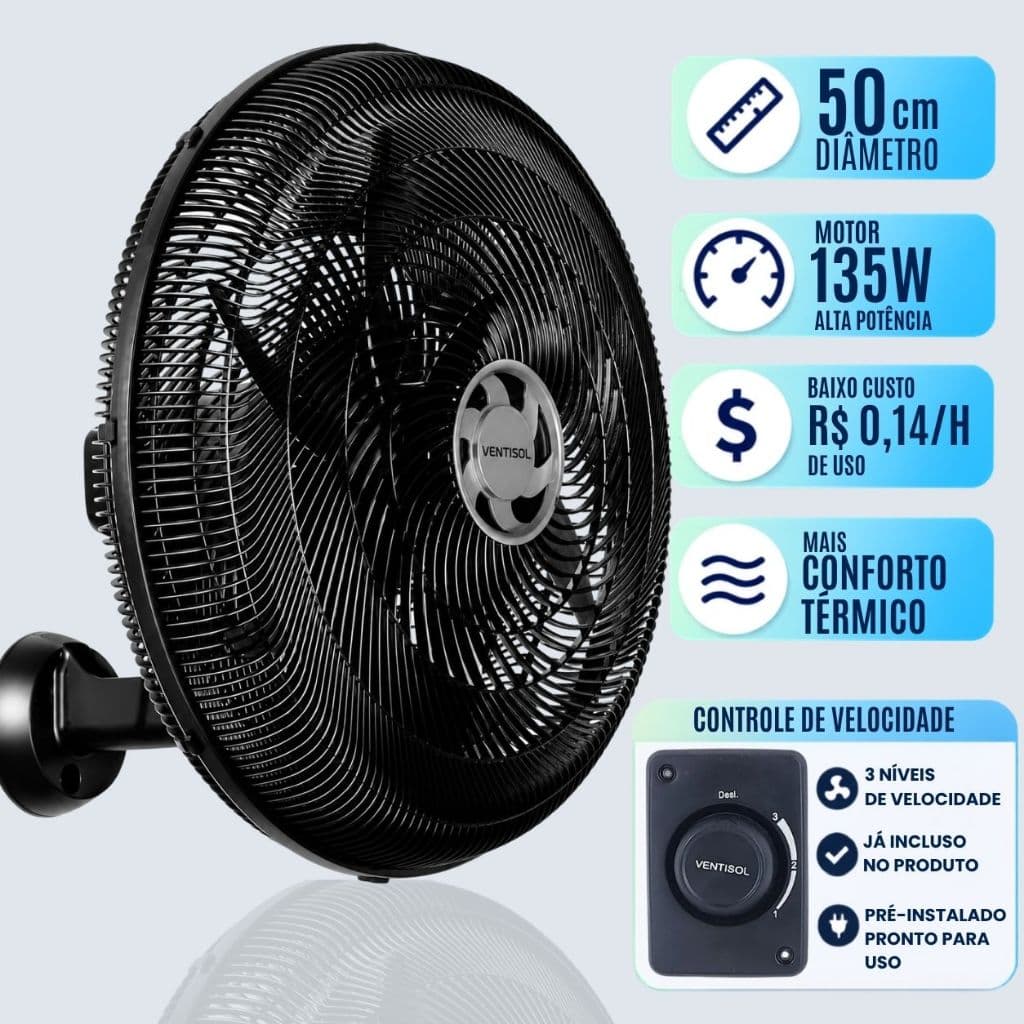 Ventilador De Parede Oscilante Monta Fácil 50cm 6 Pás Ventisol 135w Potente P/ Igreja Academia Loja