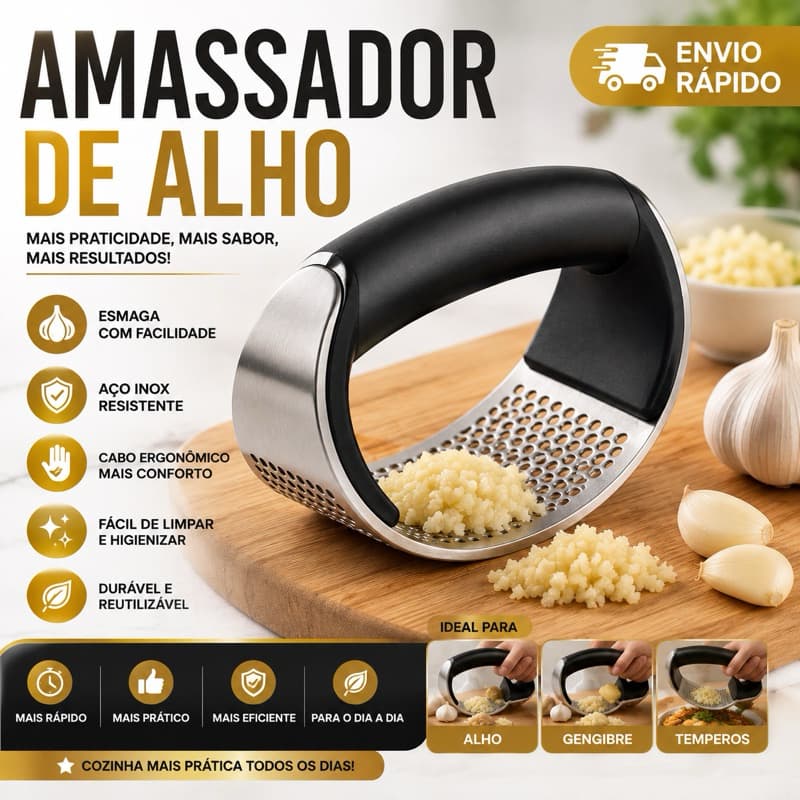 Amassador de Alho Inox Manual Espremedor Triturador de Alho Profissional Ergonômico Fácil de Limpar Cozinha