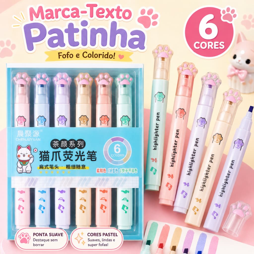 Kit Marca-Texto Patinha de Gato 6 Cores Pastel Ponta Chanfrada Papelaria Kawaii Escolar