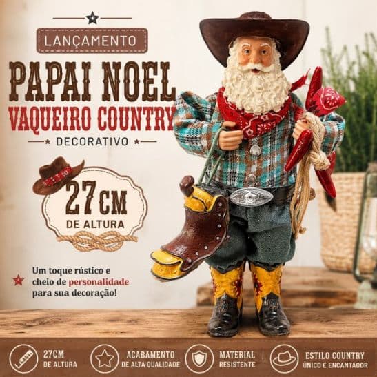 Papai Noel Decorativo Vaqueiro Country 27cm Rústico Lindo Envio Rápido