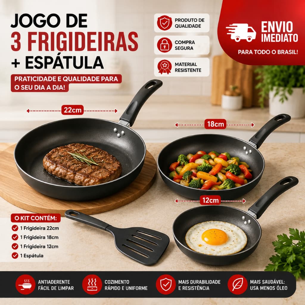 Jogo com 3 frigideiras + Espatula, 12cm 18cm 22cm, Antiaderente, Pratica, grande