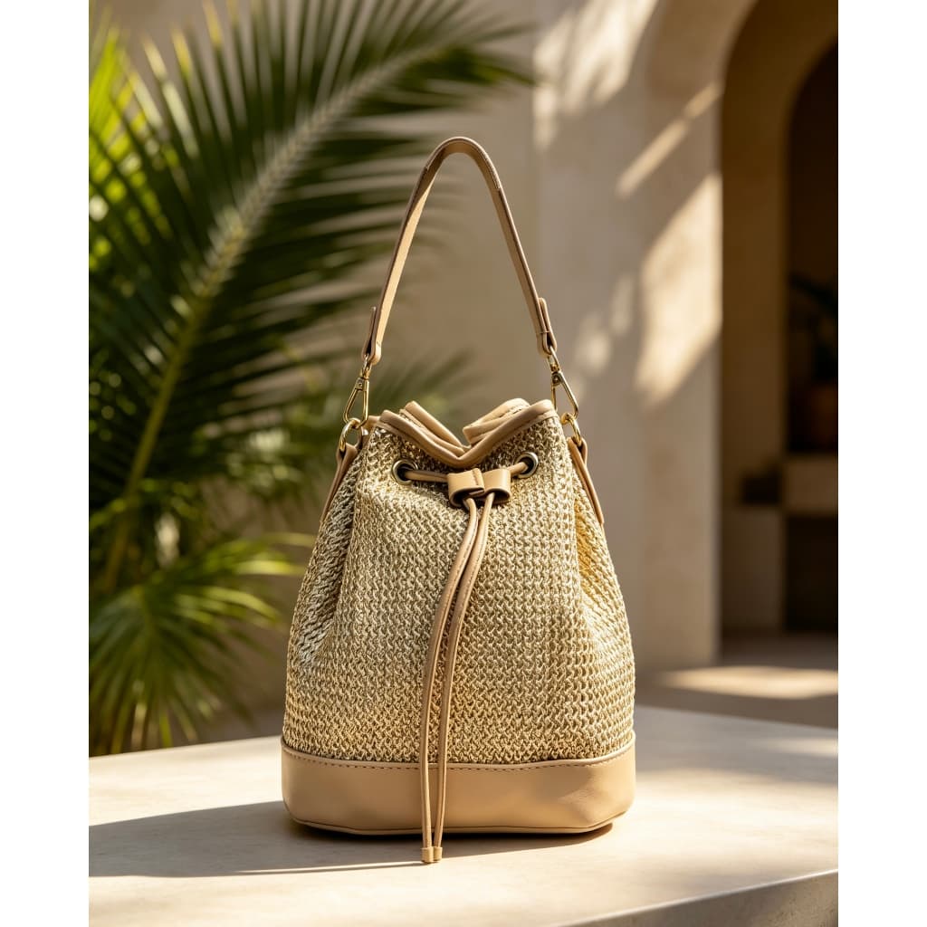 Bolsa Bucket Palha Dourada Luxo Verão Tropical