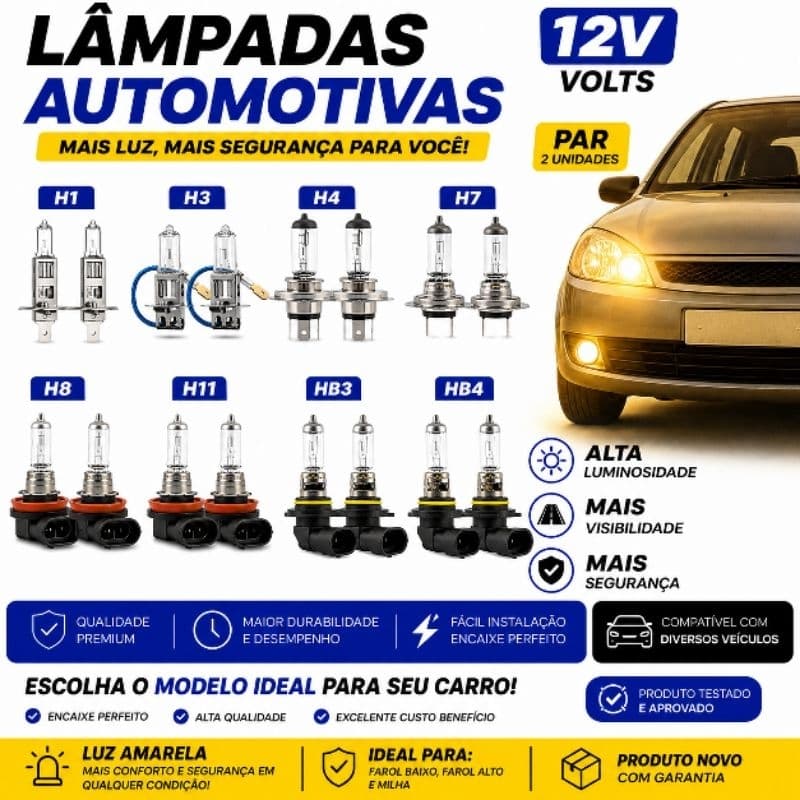 Par Lâmpadas Halógenas 12V H1 H3 H4 H7 H8 H11 HB3 HB4 Farol Automotivo Original