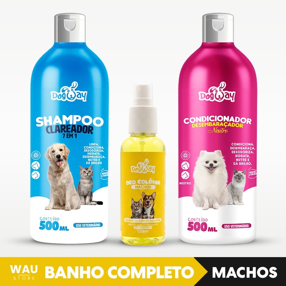 Kit Shampoo Condicionador e Perfume Cachorro 500ml Dog Way Deo Colônia Gato Banho Completo