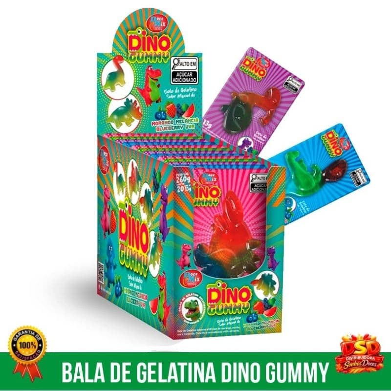 BALA DE GELATINA DINO  GUMMY DISPLAY C/ 15 UNIDADES  13 G MELANCIA , MORANGO, UVA,BLUEBERRY