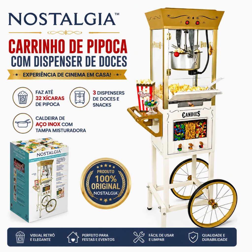 CARRINHO DE PIPOCA NOSTALGIA RETRÔ COM DISPENSER DE DOCES C/ ILUMINAÇÃO | 32 XÍCARAS | CINEMA EM CASA | PIPOQUEIRA 127V