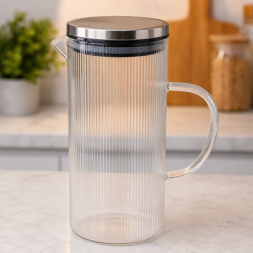 Jarra de Vidro 1,4L com Tampa de Inox para Água Suco Bebidas e Geladeira, Jarra de suco mesa posta