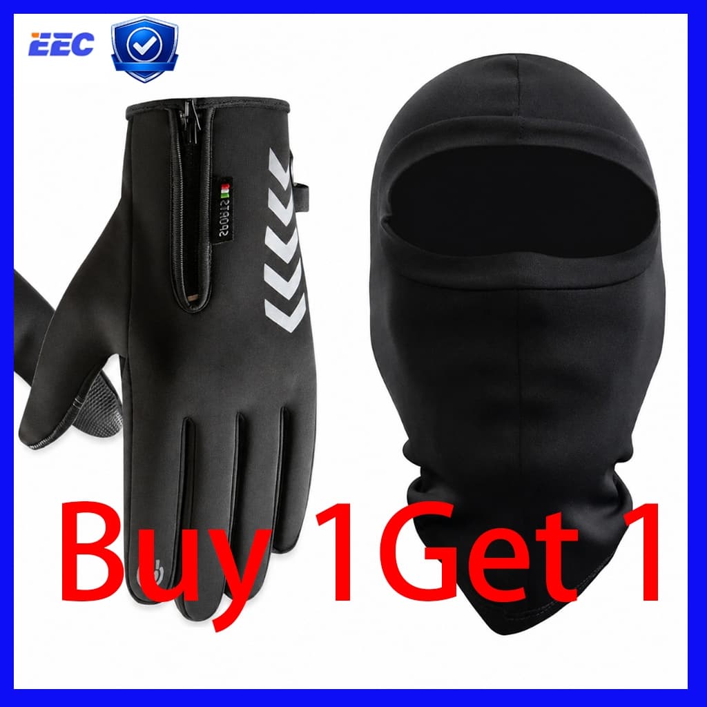 （BUY1GET1）Kit Luva Térmica Inverno + Balaclava Touca Facial Luva Touch Screen Forrada Fleece Refletiva Moto Ciclismo