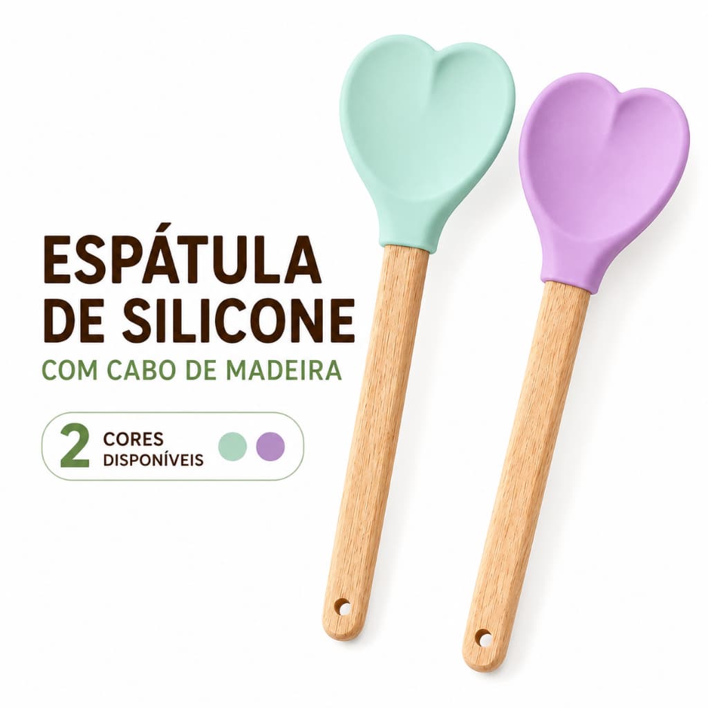 Kit 2 Espátula de Silicone em Formato de Coração com Cabo de Madeira para Panela Antiaderente – Utensílio de Cozinha