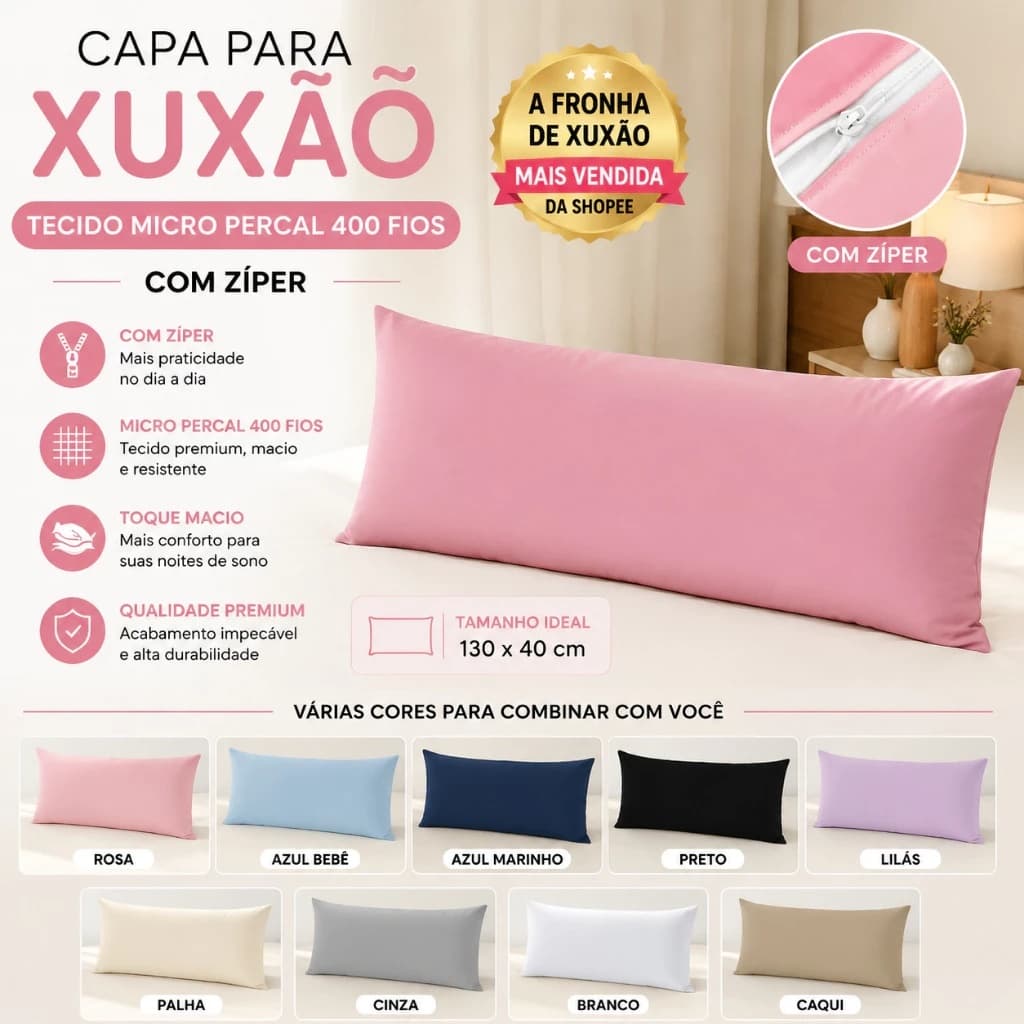 Kit 02 Fronhas Xuxão Com Zíper ou AVULSO, Micropercal 400Fios, Capa Travesseiro de Corpo,Gestante,Grávida 130x40