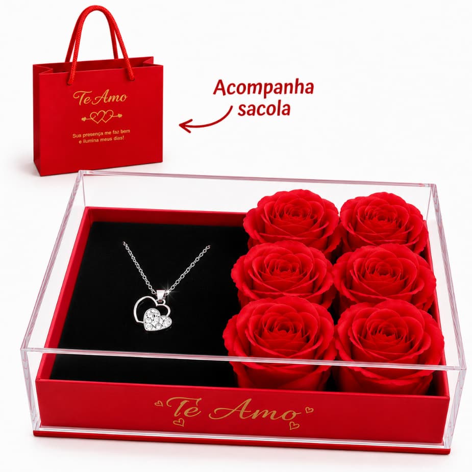 Caixa Presente Te Amo com Tampa Acrílica, Colar Feminino, 6 Rosas e Sacola | Presente Romântico para Namorada ou Esposa