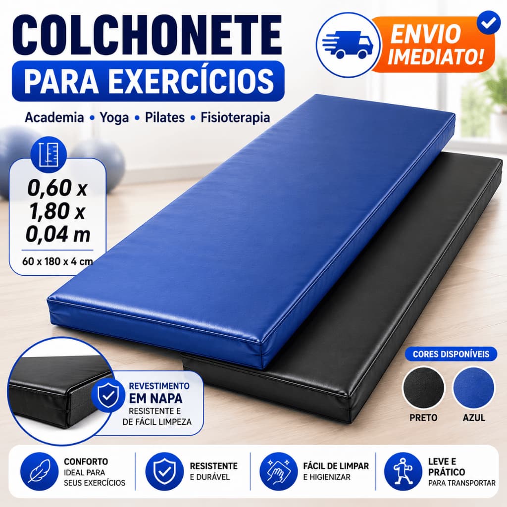 Colchonete Academia 60x180x4cm Napa para Exercícios Yoga Pilates Fisioterapia Preto e Azul