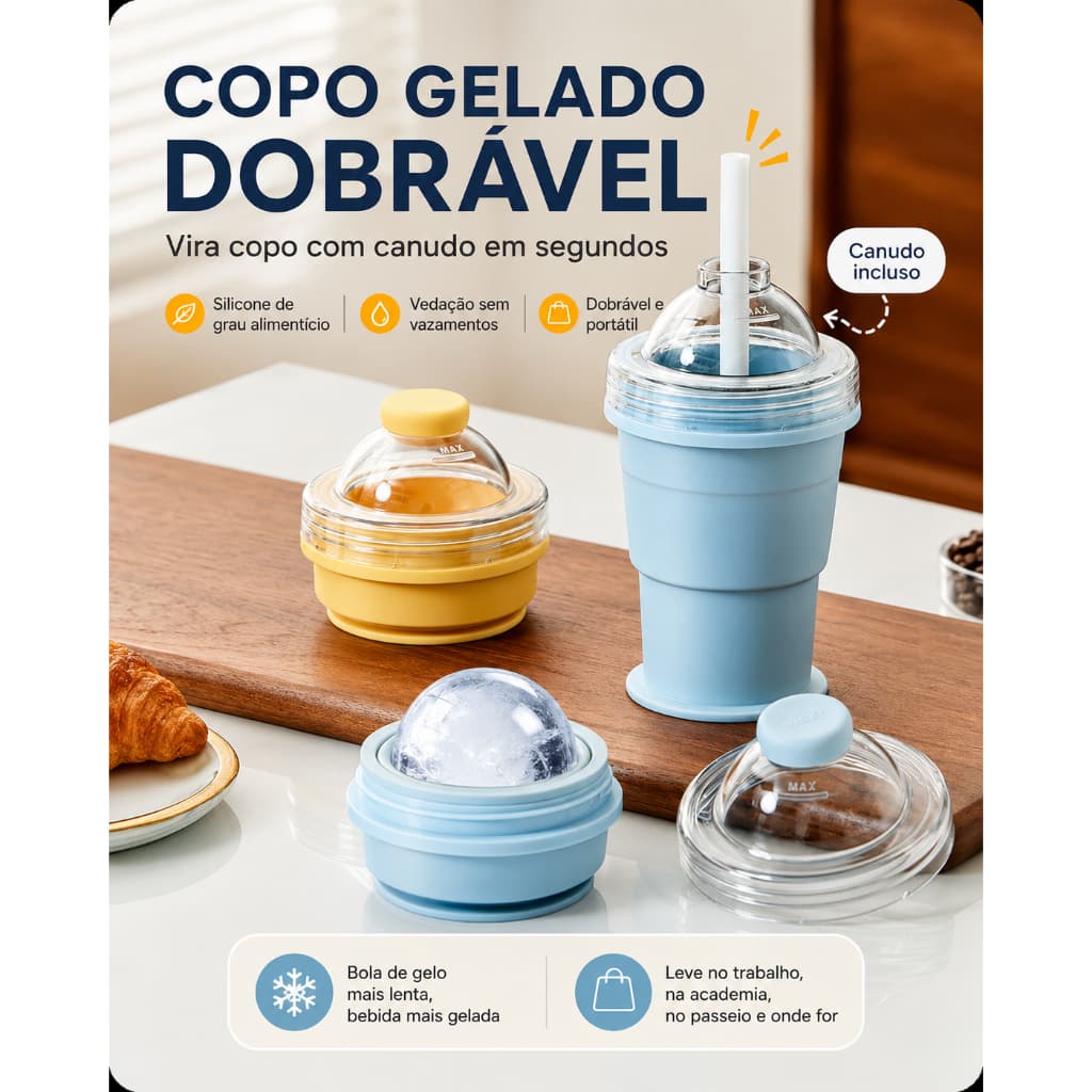 Copo Dobrável de Silicone 2 em 1 com Forma de Bola de Gelo e Canudo Reutilizável Portátil