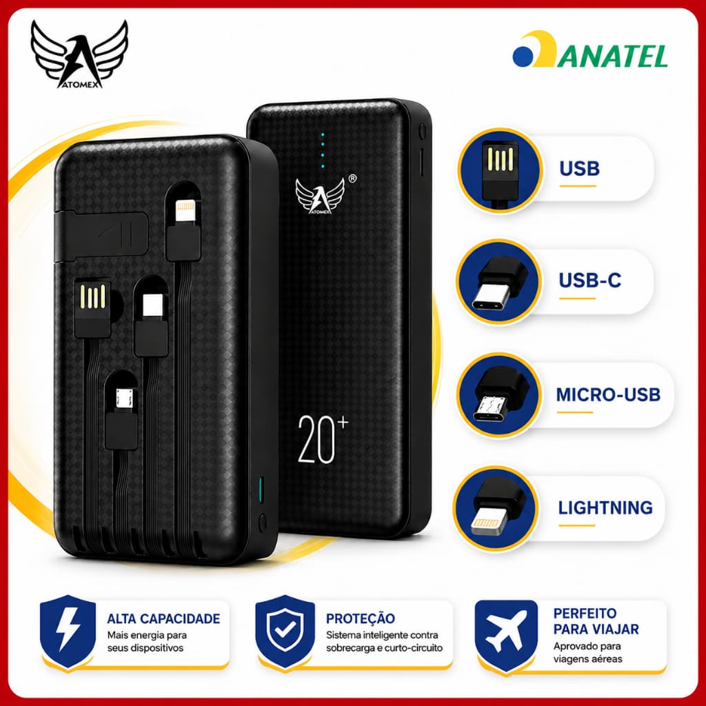 Carregador Portátil Power Bank Rápido 20000mah 4 Cabos Integrados Altomex