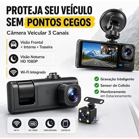 3 Câmera Automotiva Veicular Carro Hd Noturna + Cartão Memoria 64gb - Uber Taxi 99