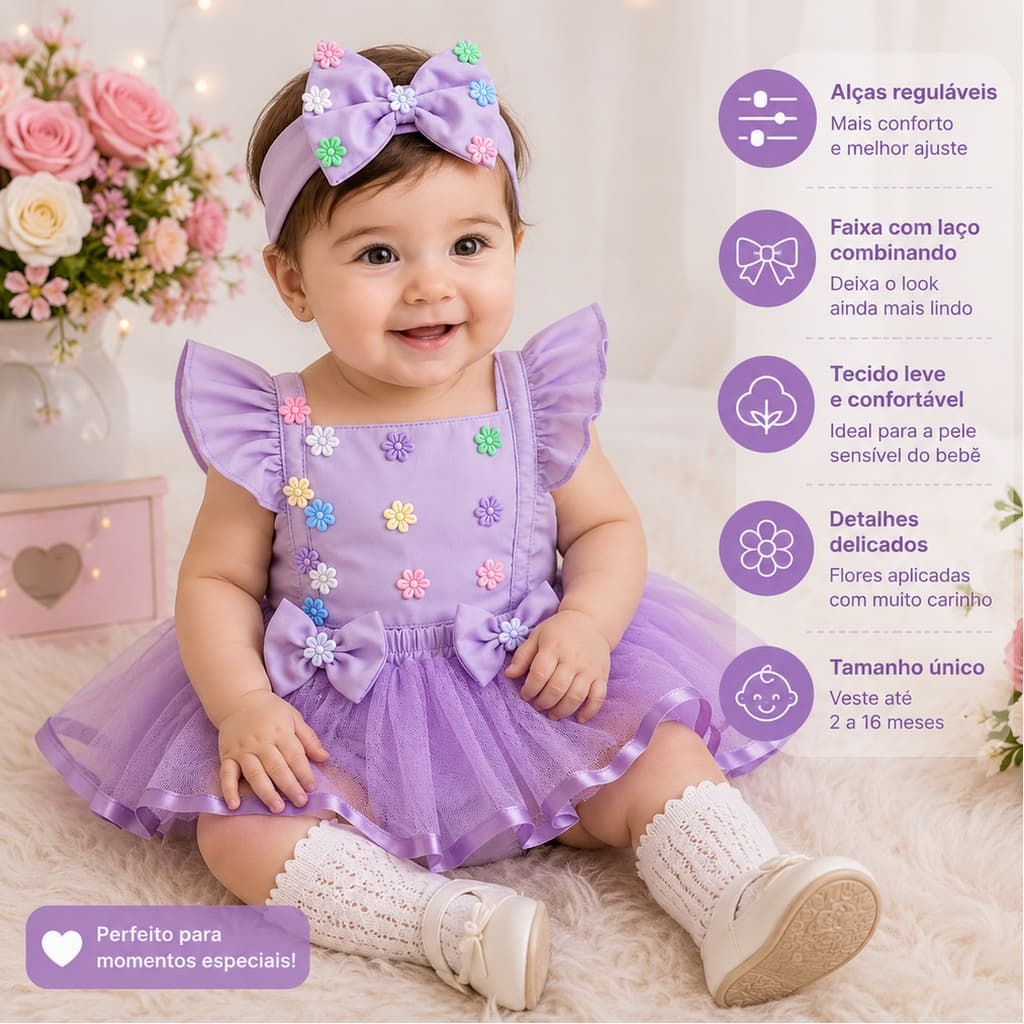 Romper infantil bebe menina Roupa temática mesversário ensaio aniversario Alça regulável jardim lilás  vestido
