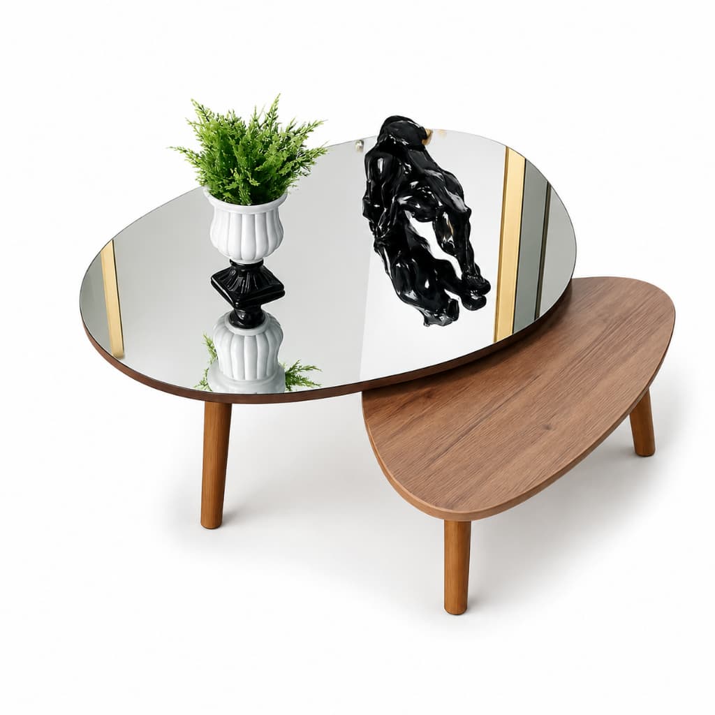 Conjunto de Mesa de Centro Mesinha Orgânica Pés Palito Retro Espelhada Paris Mirror Wood