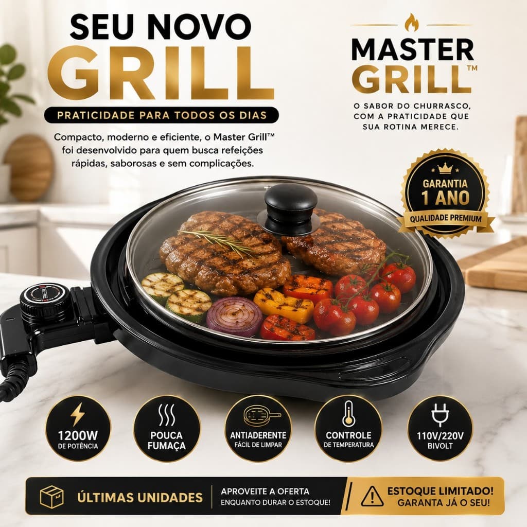 Grill Elétrico Redondo Master Grill 110V 220V Fácil Limpeza Cozinha Prática
