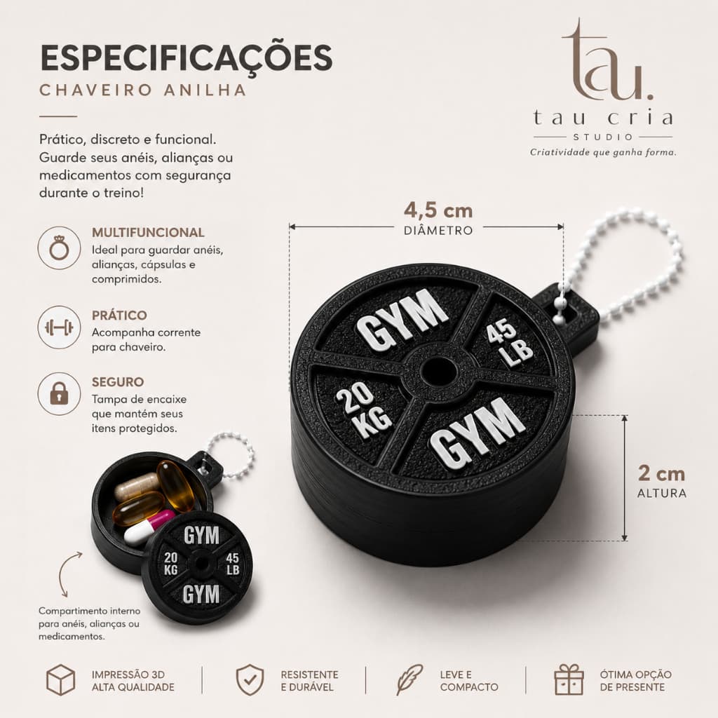 Chaveiro Porta Medicamentos Anilha Academia | Porta Anéis e Cápsulas | Fitness