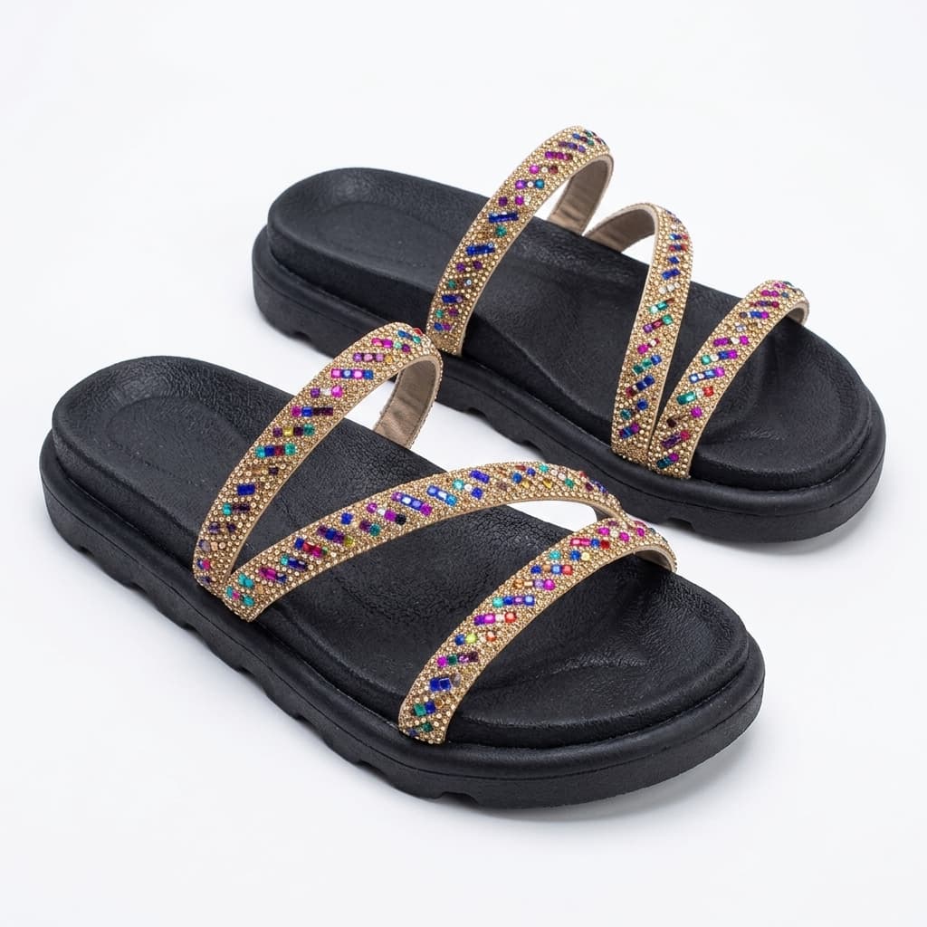 Sandália Feminina Plataforma com Strass Multicolorido Tiras Cruzadas Confortável