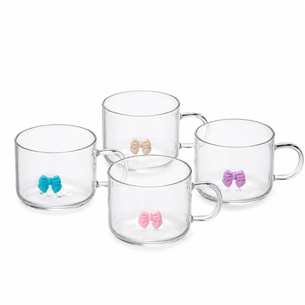 Jogo 4 Xícaras de Vidro 200ml Wolff Nina com Laço Colorido Canecas Café Chá Capuccino Frete Grátis