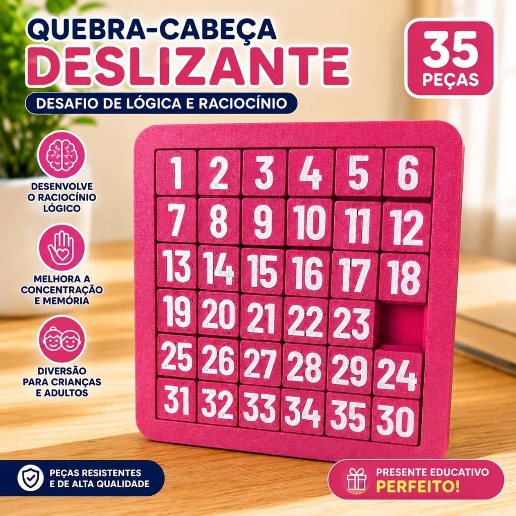 Quebra-Cabeça Deslizante Numérico 35 Peças | Brinquedo Educativo Montessori Raciocínio Lógico Infantil