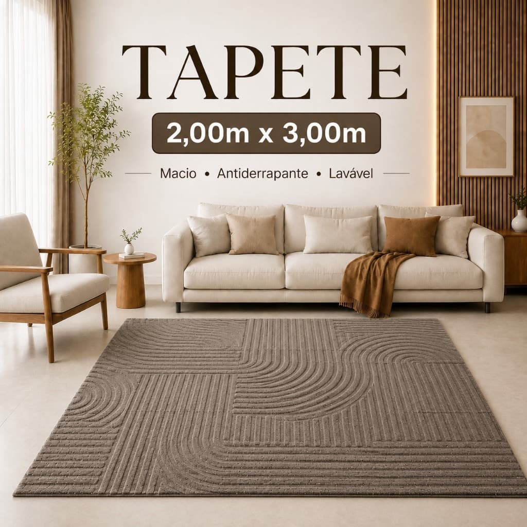 Tapete Sala Grande 2,00x3,00 Antiderrapante Lavável Macio com Relevo Geométrico