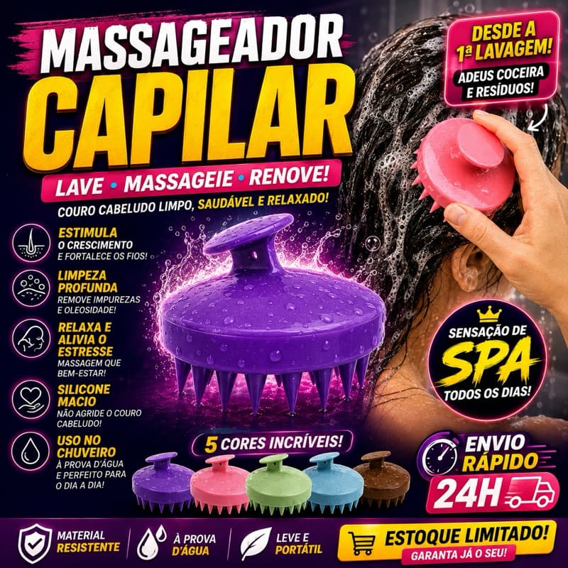 Escova Massageadora Capilar e Corporal de Silicone - Limpeza Profunda e Relaxamento
