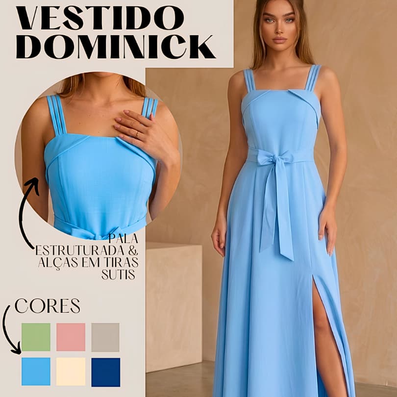 Vestido Feminino Longo Dominick Fenda Chic Lateral Amarração Na Cintura Pala Elegante Com Lastex