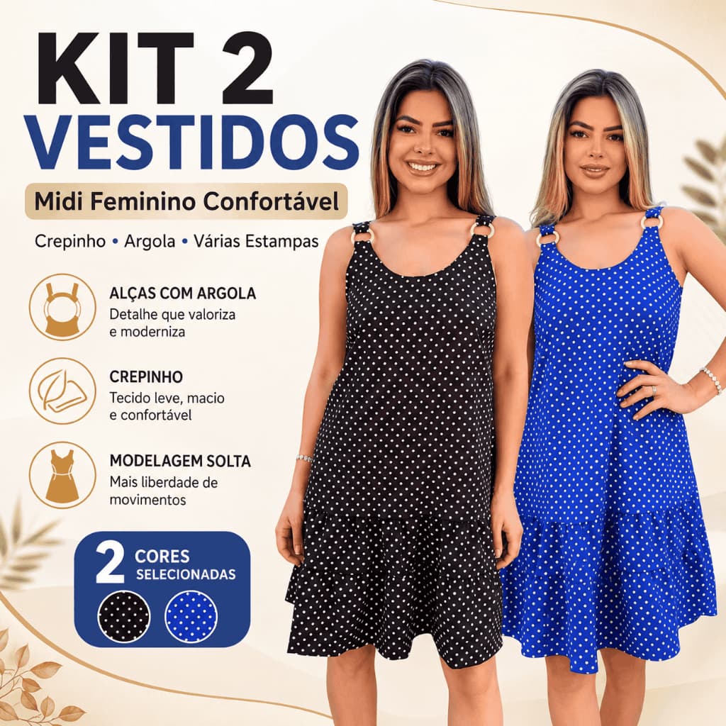 Kit  2 Vestidos Midi Feminino Confortável | Crepinho | Argola - Varias Estampas