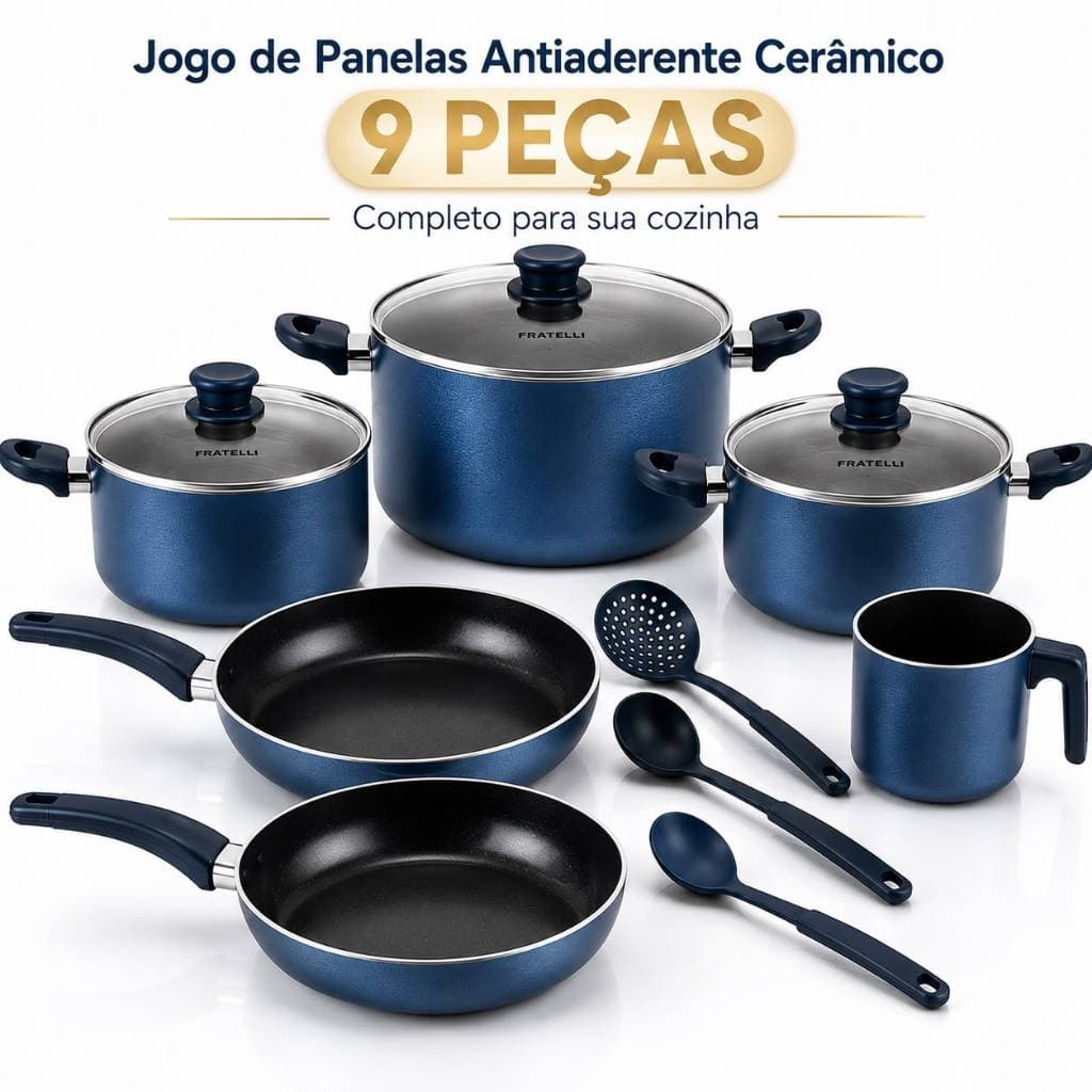 Jogo de Panelas Antiaderente Cerâmico 9 Peças Azul para Fogão Indução Gás Elétrico Vitrocerâmico