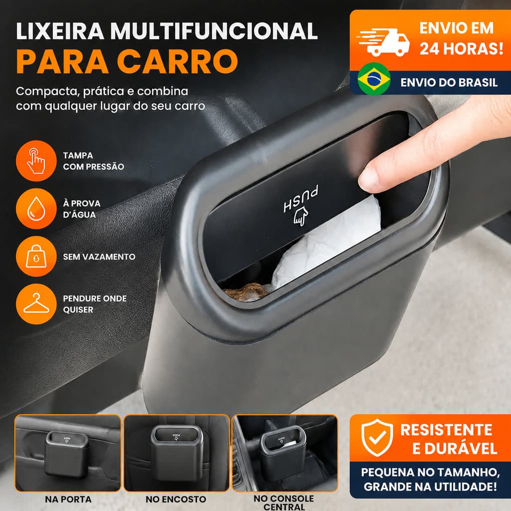 Lixeira Para Carro Automotiva com Abertura Push Multiuso Portátil Organizador Interno Veículo