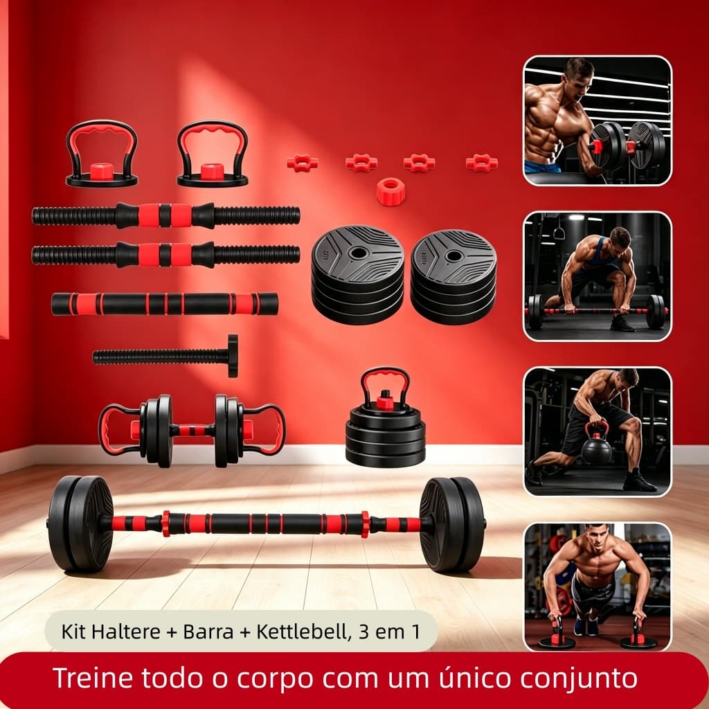 Kit Haltere Ajustável 15kg 6em1 PVC Resistente, Haltere Barra Kettlebell Suporte Flexão Treino Ginástica Casa