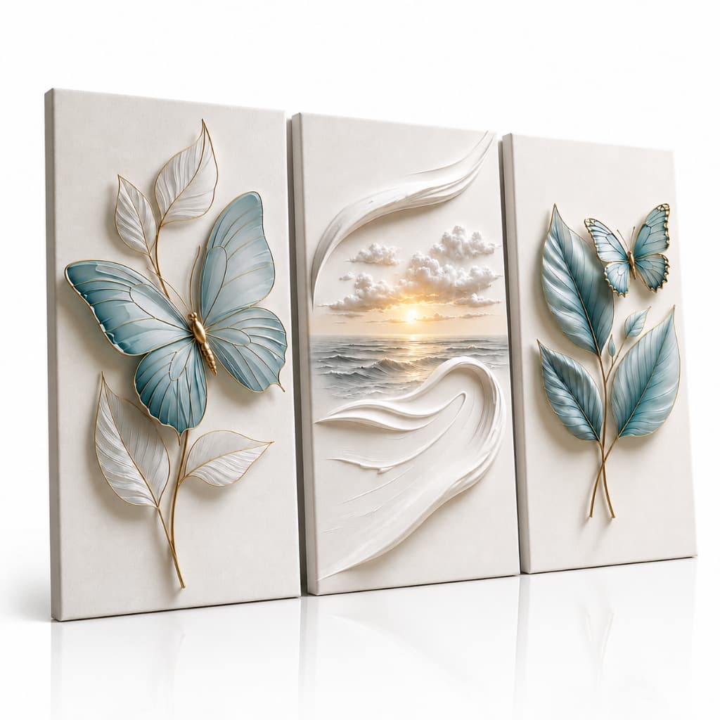 Kit 3 Quadros Decorativos Borboletas Azul e Dourado com Mar e Folhas para Sala e Quarto Elegante