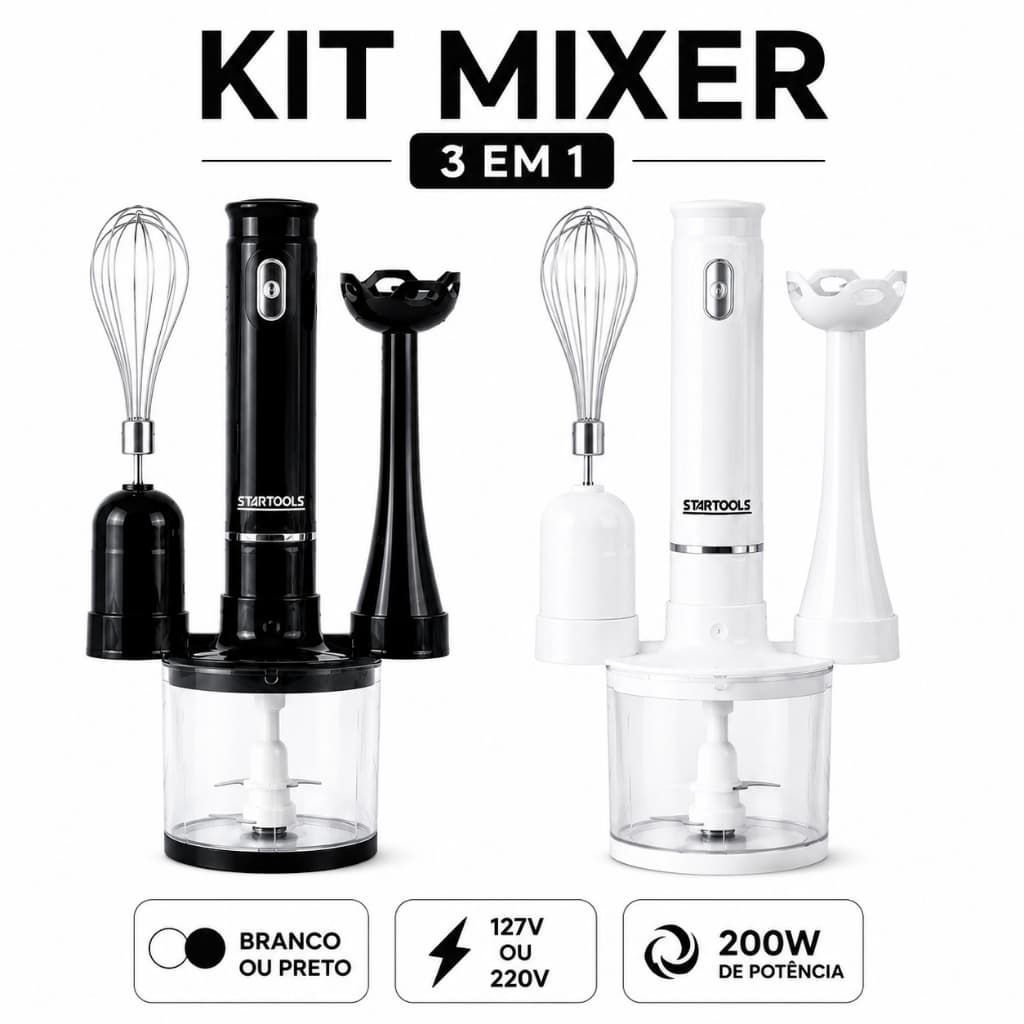 Mixer 3 em 1 Processador Triturador e Batedor 200W Cor Sortida Branco ou Preto 127V/220V